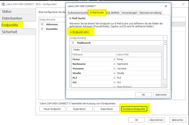cobra Support CXM WEB CONNECT Funktions-Endpunkte E-Mail-Suche Checkbox aktiv