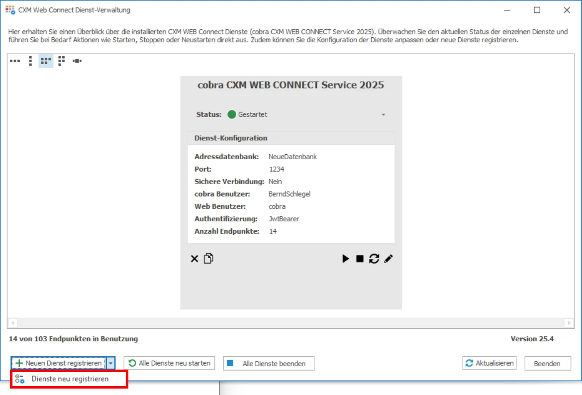 Dienst Verwaltung Update Dienste neu registrieren 
