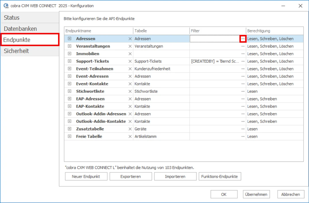 Konfiguration REST-Endpunkt Filter