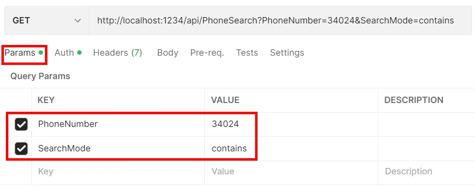 Postman Rufnummernsuche Parameter PhoneNumber SearchMode Beispiel